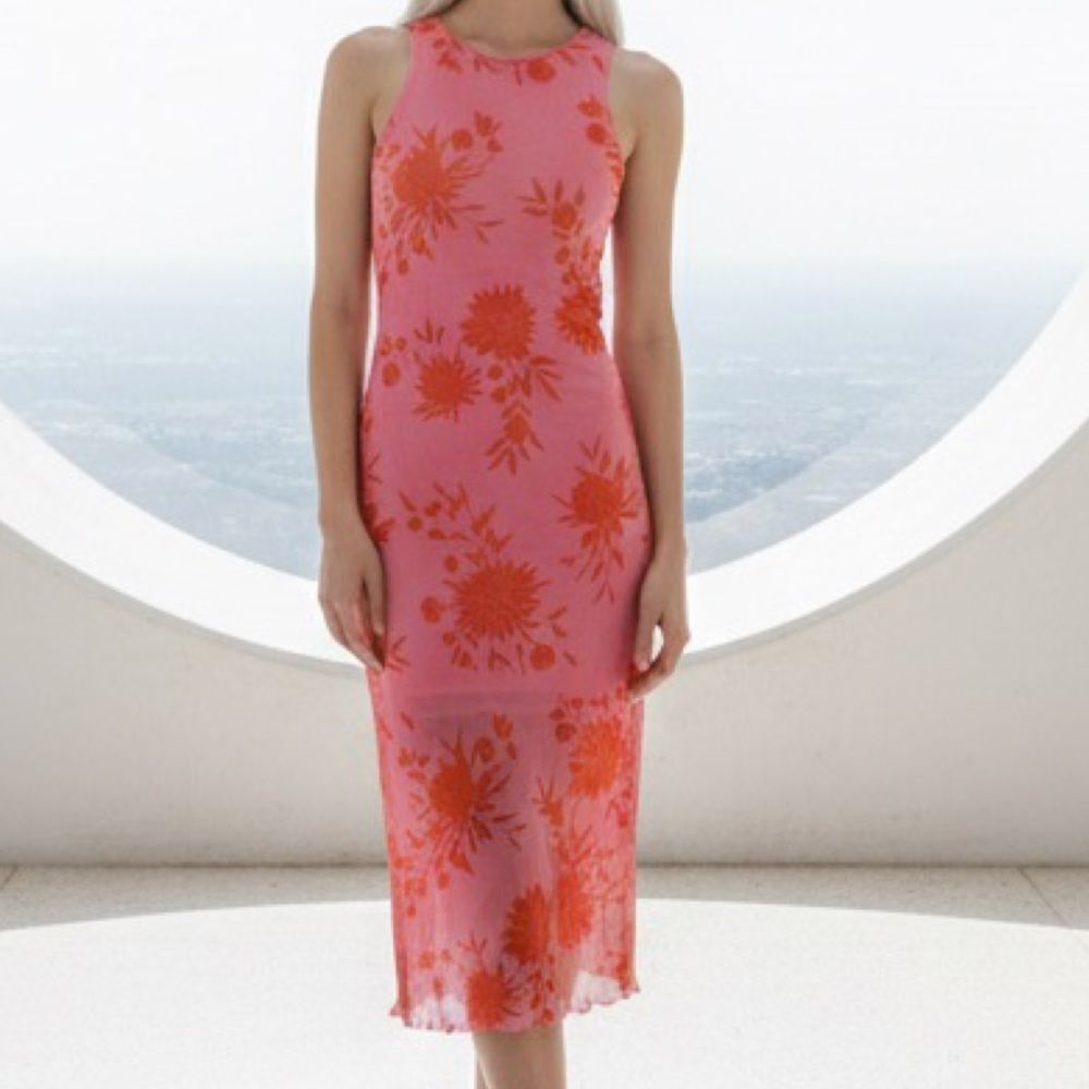 🛍️ Women’s pink orange Japanese floral Mesh sleeveless midi dress size SMALL